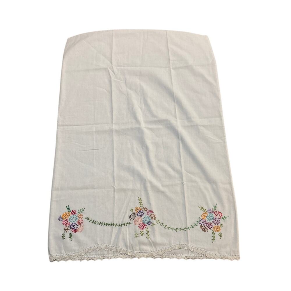 Vintage Embroidered Floral Pillowcase with Lace Trim 20x29"